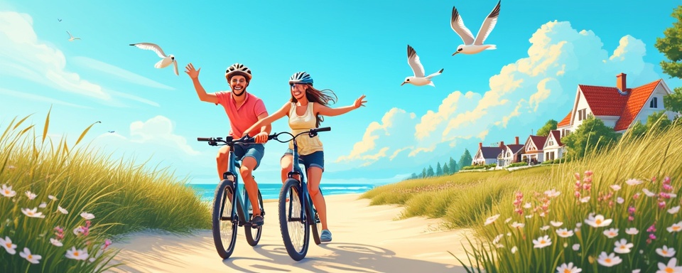 Groep lachende toeristen op e-bike mieten Renesse langs duinen en strandpad onder blauwe lucht