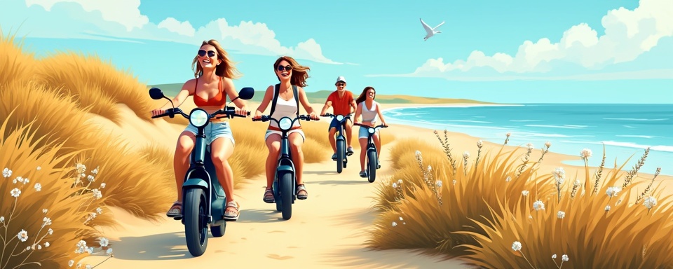 Toeristen die genieten van een zonnige rit langs de kust op elektrische choppers tijdens E-Chopper mieten Renesse